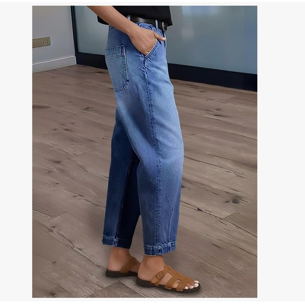 Flamingals Wash Stitch Detail Mid Rise Barrel Leg Crop Jeans - Picture 3 of 6